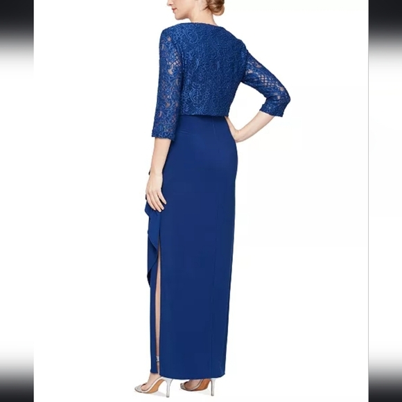 NWT Alex Evenings 2-Pc Lace Glitter Bolero Gown in Royal Blue Size 8 Petite - Picture 2 of 13